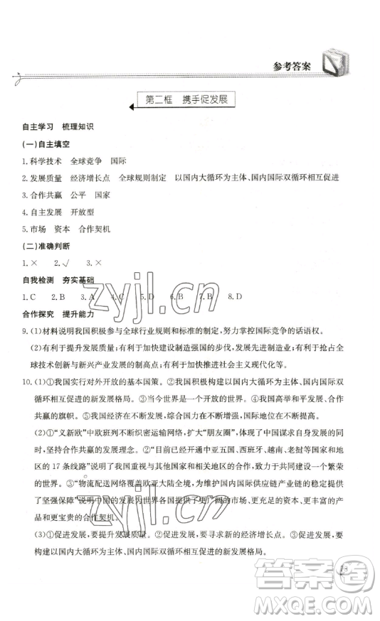 湖北教育出版社2023長江作業(yè)本同步練習(xí)冊九年級道德與法治下冊人教版參考答案