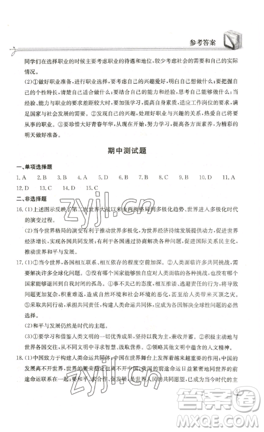 湖北教育出版社2023長江作業(yè)本同步練習(xí)冊九年級道德與法治下冊人教版參考答案