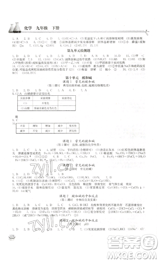 湖北教育出版社2023長(zhǎng)江作業(yè)本同步練習(xí)冊(cè)九年級(jí)化學(xué)下冊(cè)人教版參考答案