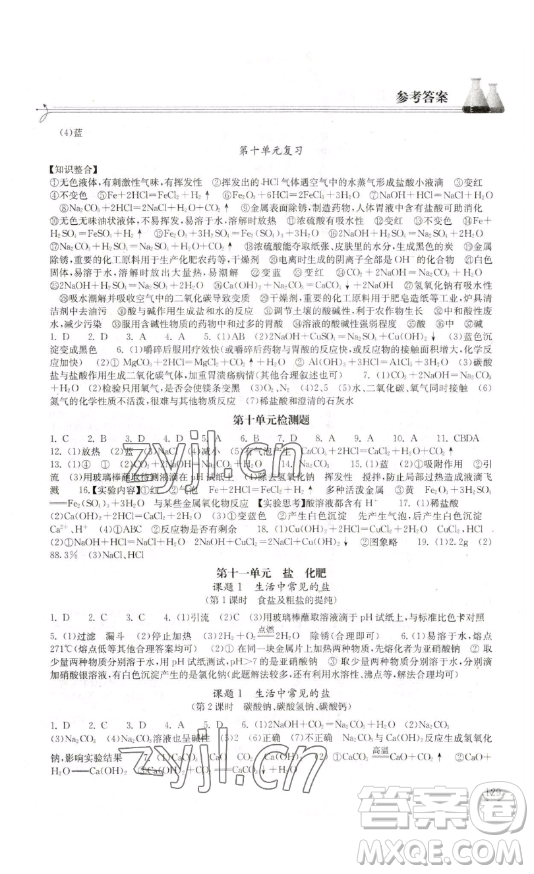 湖北教育出版社2023長(zhǎng)江作業(yè)本同步練習(xí)冊(cè)九年級(jí)化學(xué)下冊(cè)人教版參考答案