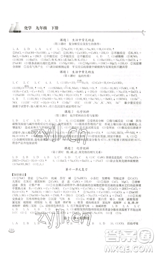 湖北教育出版社2023長(zhǎng)江作業(yè)本同步練習(xí)冊(cè)九年級(jí)化學(xué)下冊(cè)人教版參考答案