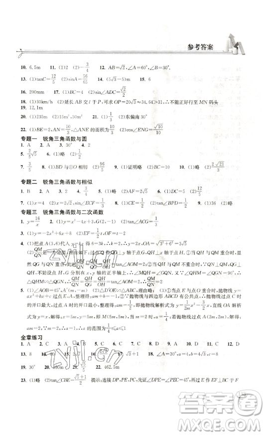 湖北教育出版社2023長江作業(yè)本同步練習冊九年級數(shù)學下冊人教版參考答案