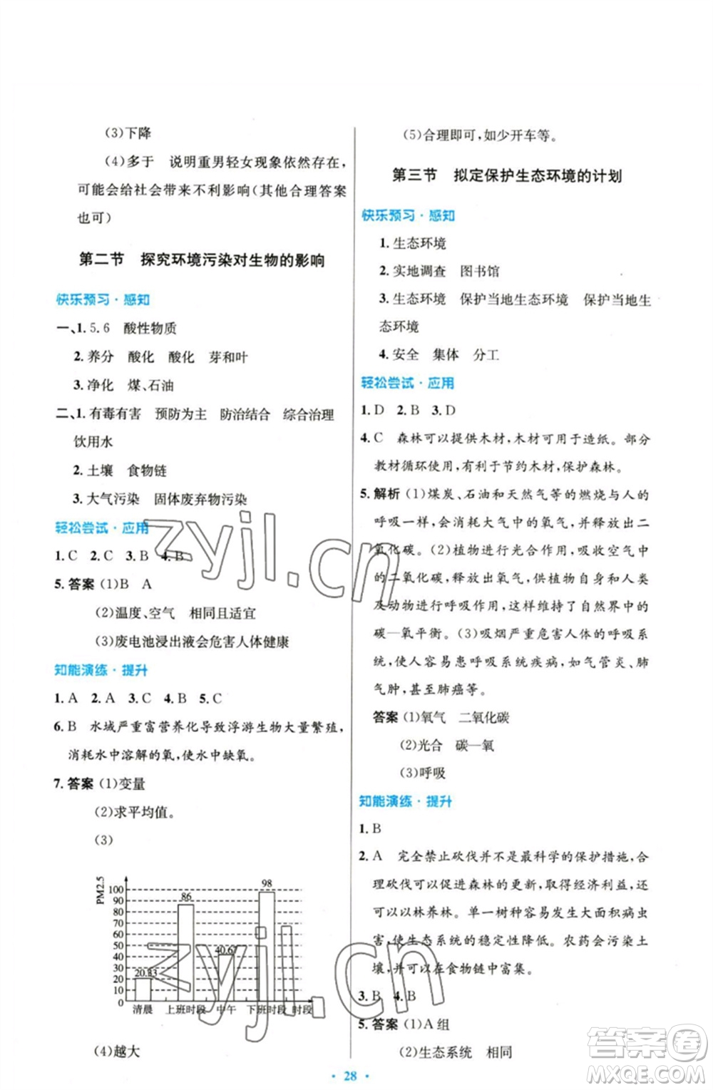 人民教育出版社2023初中同步測控優(yōu)化設(shè)計(jì)七年級生物下冊人教版參考答案