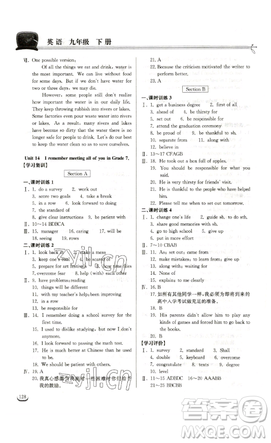 湖北教育出版社2023長江作業(yè)本同步練習(xí)冊九年級(jí)英語下冊人教版參考答案