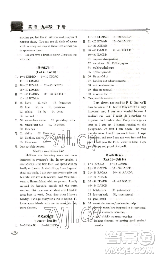 湖北教育出版社2023長江作業(yè)本同步練習(xí)冊九年級(jí)英語下冊人教版參考答案