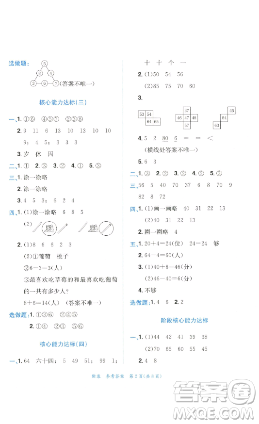 龍門書局2023黃岡小狀元達(dá)標(biāo)卷一年級數(shù)學(xué)下冊人教版參考答案