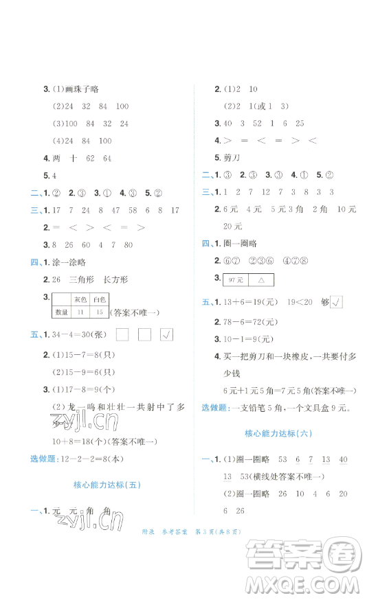 龍門書局2023黃岡小狀元達(dá)標(biāo)卷一年級數(shù)學(xué)下冊人教版參考答案