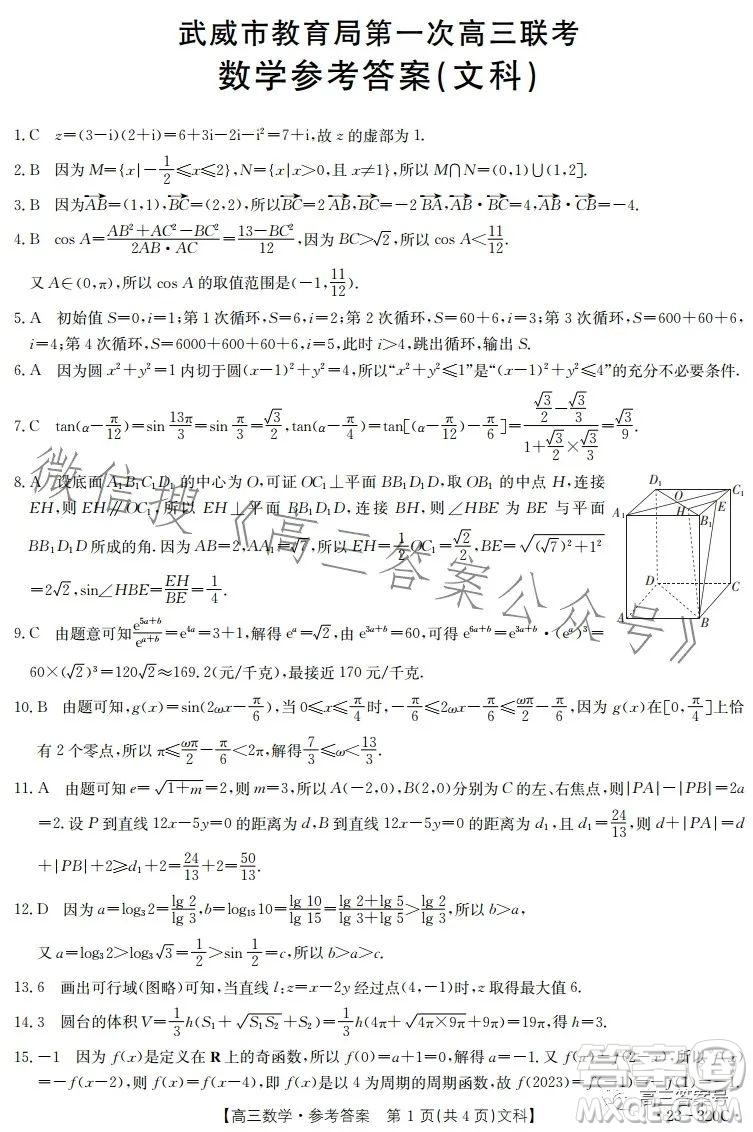 2023武威金太陽(yáng)2月聯(lián)考23320C文科數(shù)學(xué)試卷答案