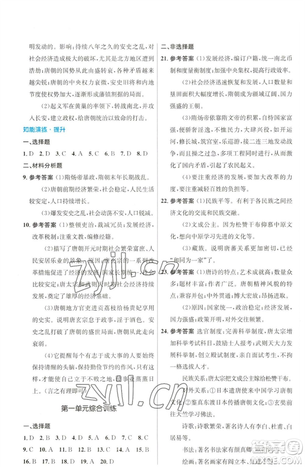 人民教育出版社2023初中同步測控優(yōu)化設(shè)計七年級中國歷史下冊人教版福建專版參考答案