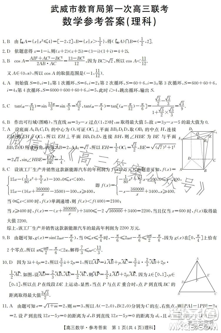 2023武威金太陽(yáng)2月聯(lián)考23320C理科數(shù)學(xué)試卷答案