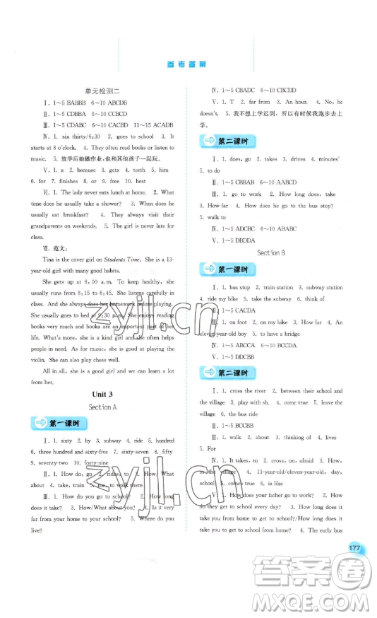 河北人民出版社2023同步訓(xùn)練七年級(jí)英語下冊(cè)人教版參考答案