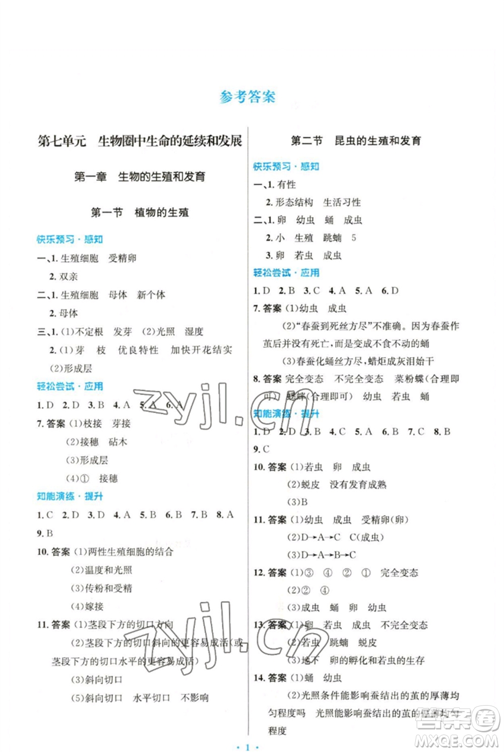 人民教育出版社2023初中同步測(cè)控優(yōu)化設(shè)計(jì)八年級(jí)生物下冊(cè)人教版精編版參考答案