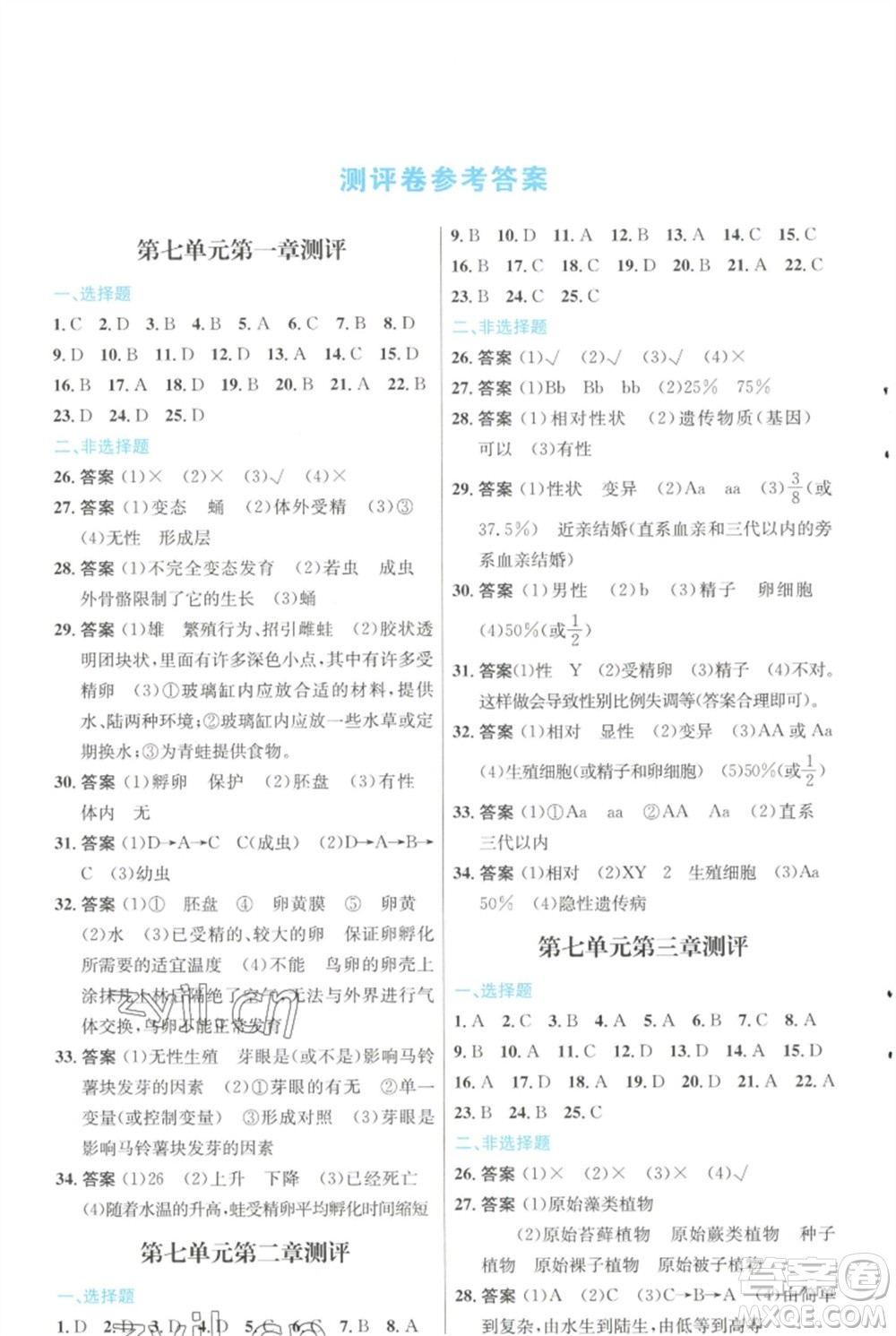 人民教育出版社2023初中同步測控優(yōu)化設(shè)計八年級生物下冊人教版福建專版參考答案