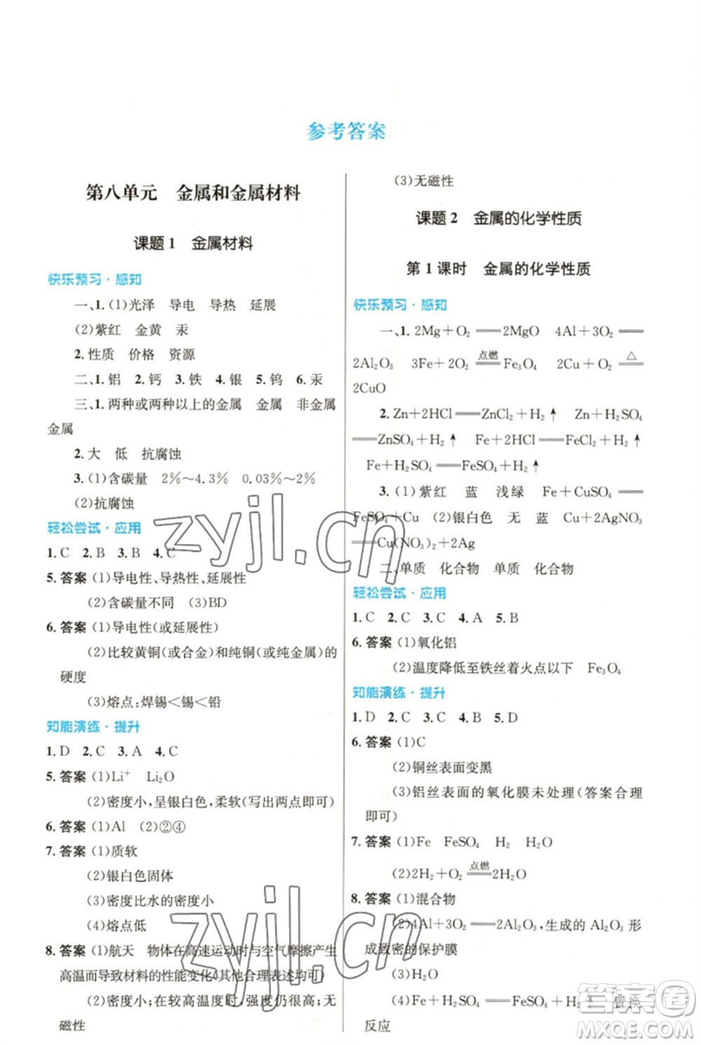 人民教育出版社2023初中同步測(cè)控優(yōu)化設(shè)計(jì)九年級(jí)化學(xué)下冊(cè)人教版參考答案