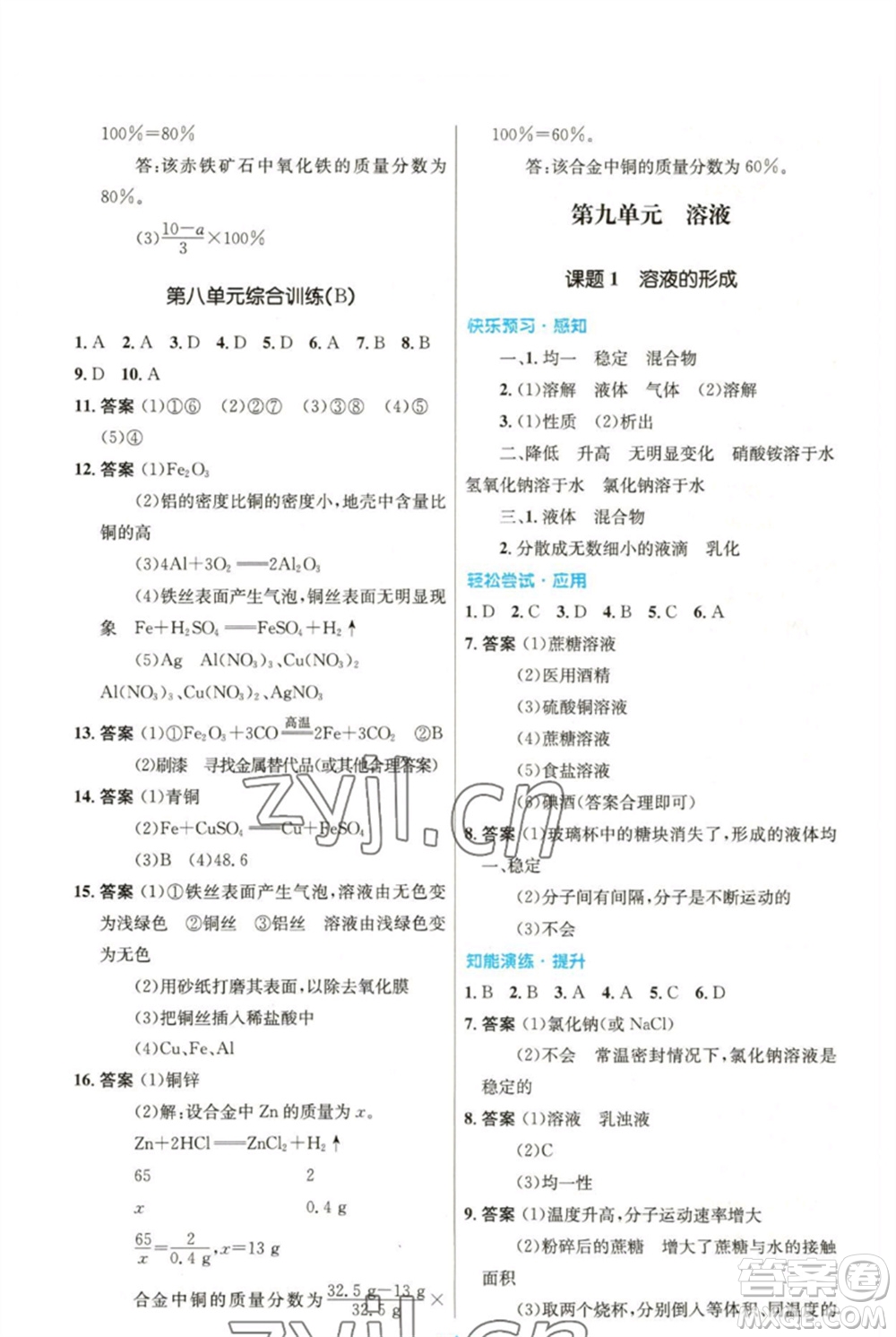 人民教育出版社2023初中同步測(cè)控優(yōu)化設(shè)計(jì)九年級(jí)化學(xué)下冊(cè)人教版參考答案