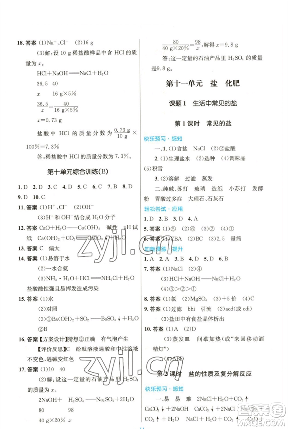 人民教育出版社2023初中同步測(cè)控優(yōu)化設(shè)計(jì)九年級(jí)化學(xué)下冊(cè)人教版參考答案