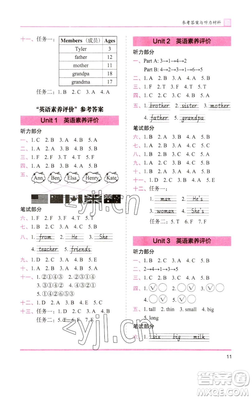 湖南師范大學(xué)出版社2023木頭馬分層課課練三年級英語下冊部編版福建專版參考答案