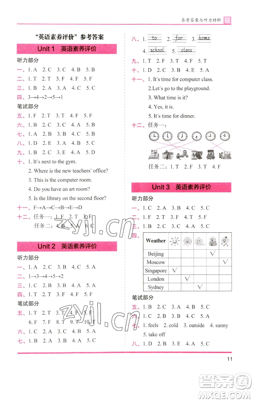 湖南師范大學出版社2023木頭馬分層課課練四年級英語下冊人教版參考答案