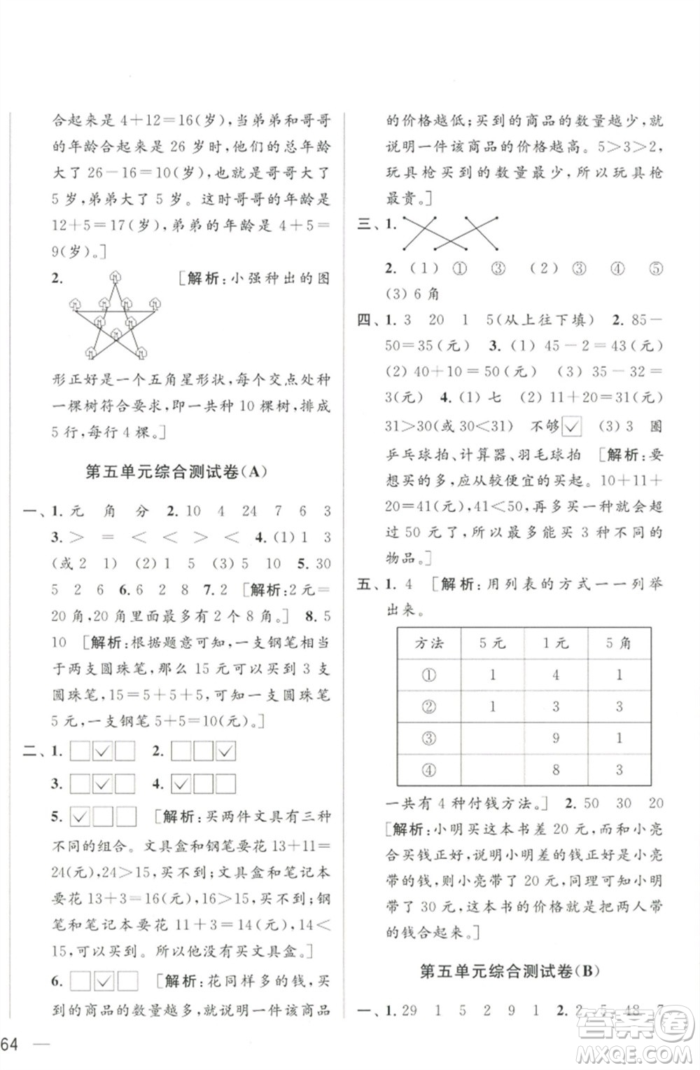 北京教育出版社2023春季亮點給力大試卷一年級數(shù)學下冊江蘇版參考答案