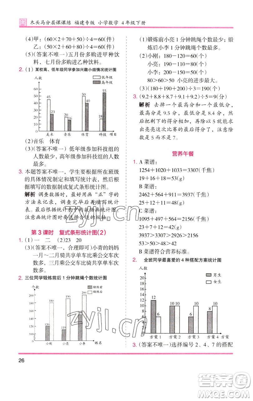 湖南師范大學(xué)出版社2023木頭馬分層課課練四年級數(shù)學(xué)下冊人教版福建專版參考答案