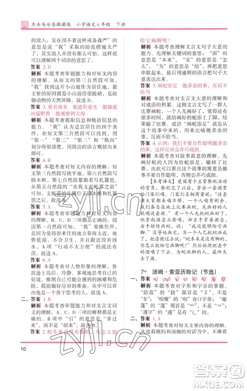 湖南師范大學(xué)出版社2023木頭馬分層課課練六年級語文下冊部編版福建專版參考答案