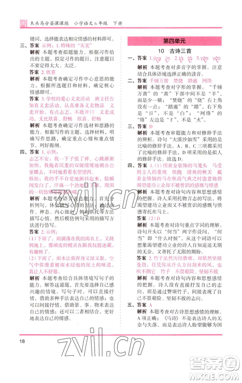 湖南師范大學(xué)出版社2023木頭馬分層課課練六年級語文下冊部編版福建專版參考答案