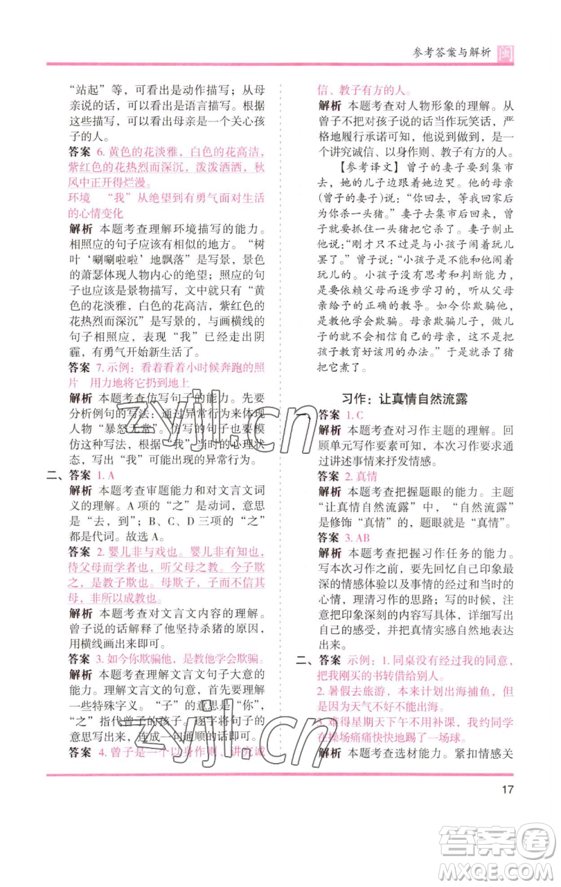 湖南師范大學(xué)出版社2023木頭馬分層課課練六年級語文下冊部編版福建專版參考答案