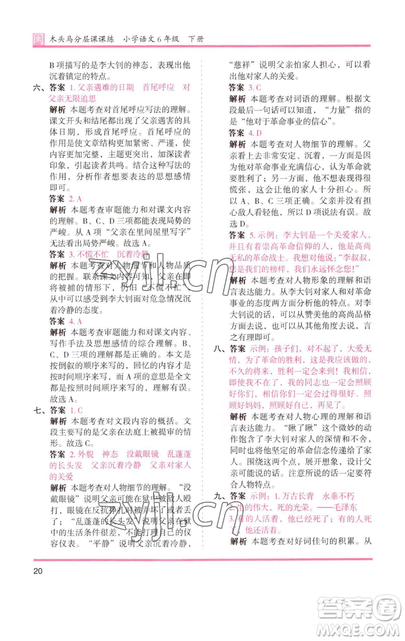 湖南師范大學(xué)出版社2023木頭馬分層課課練六年級語文下冊部編版福建專版參考答案