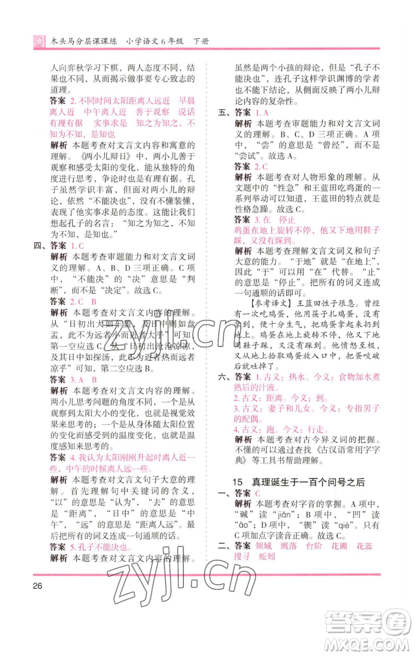 湖南師范大學(xué)出版社2023木頭馬分層課課練六年級語文下冊部編版福建專版參考答案