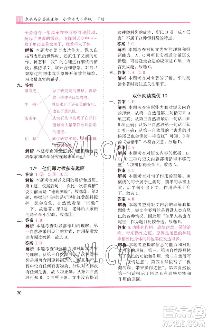 湖南師范大學(xué)出版社2023木頭馬分層課課練六年級語文下冊部編版福建專版參考答案