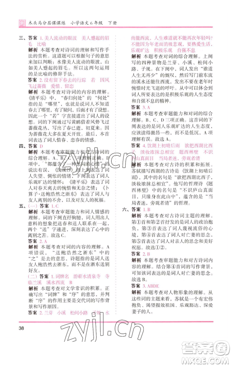 湖南師范大學(xué)出版社2023木頭馬分層課課練六年級語文下冊部編版福建專版參考答案