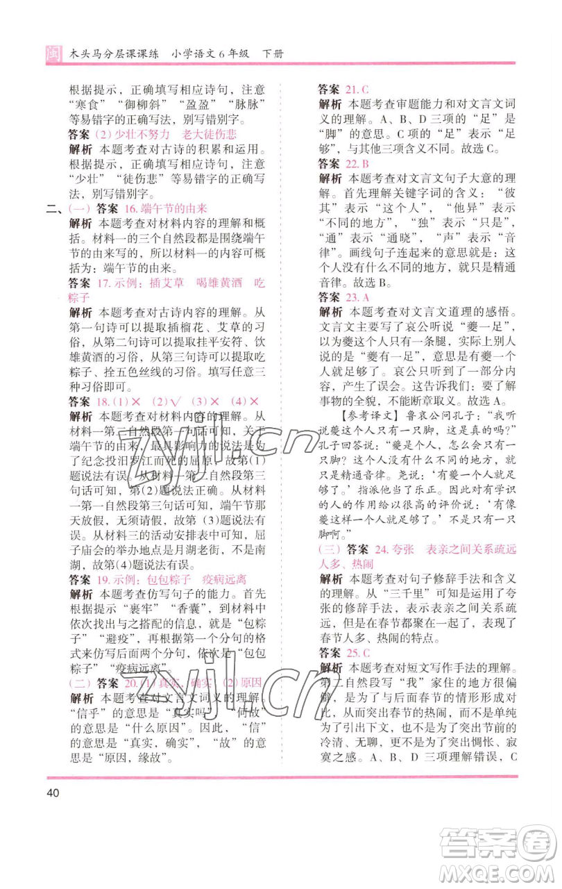 湖南師范大學(xué)出版社2023木頭馬分層課課練六年級語文下冊部編版福建專版參考答案