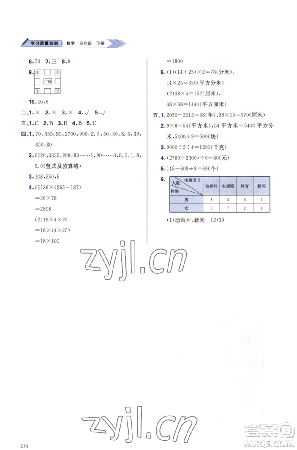 天津教育出版社2023學習質(zhì)量監(jiān)測三年級數(shù)學下冊人教版參考答案