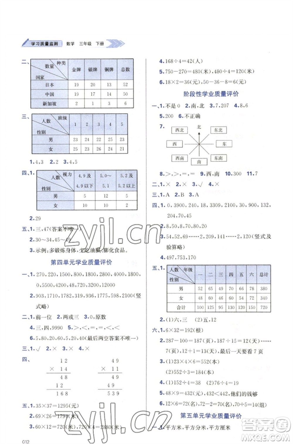 天津教育出版社2023學習質(zhì)量監(jiān)測三年級數(shù)學下冊人教版參考答案