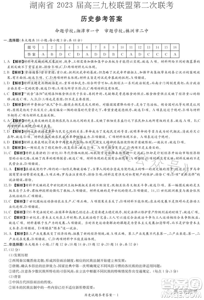 湖南省2023屆高三九校聯(lián)盟第二次聯(lián)考?xì)v史試卷答案