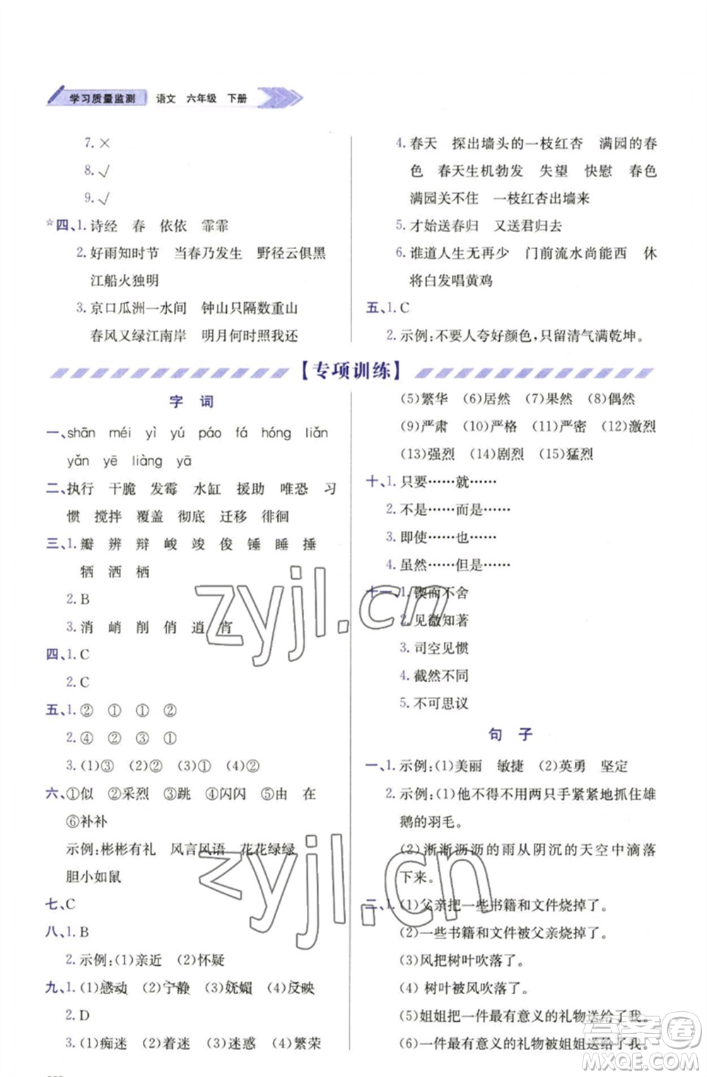 天津教育出版社2023學(xué)習(xí)質(zhì)量監(jiān)測(cè)六年級(jí)語文下冊(cè)人教版參考答案