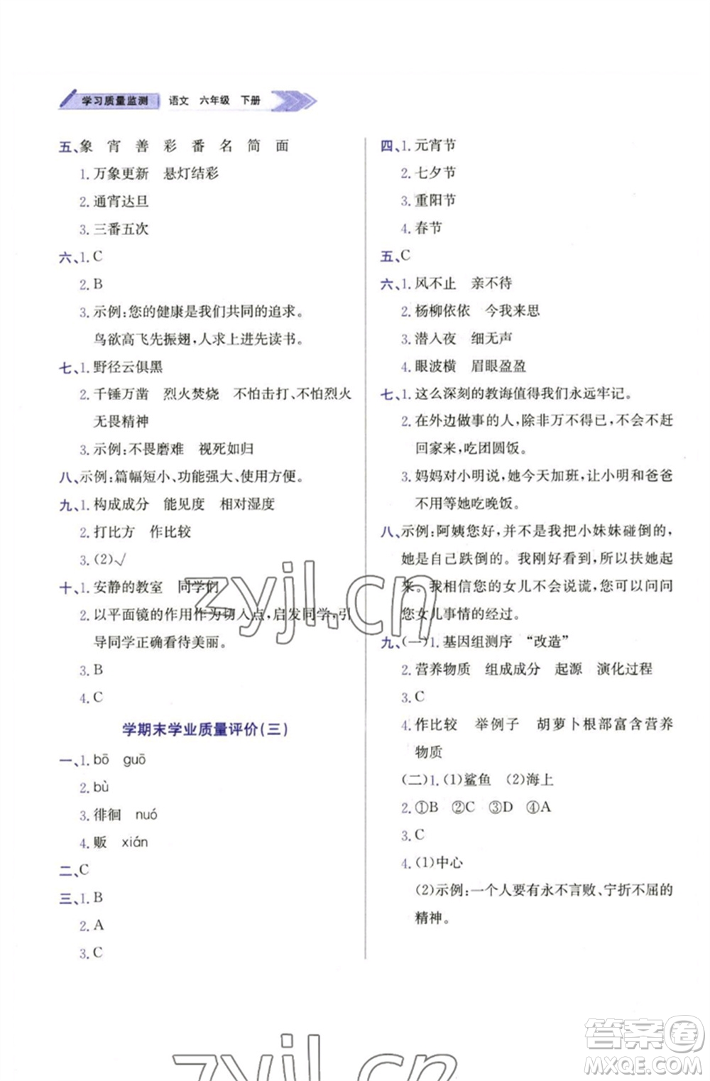 天津教育出版社2023學(xué)習(xí)質(zhì)量監(jiān)測(cè)六年級(jí)語文下冊(cè)人教版參考答案