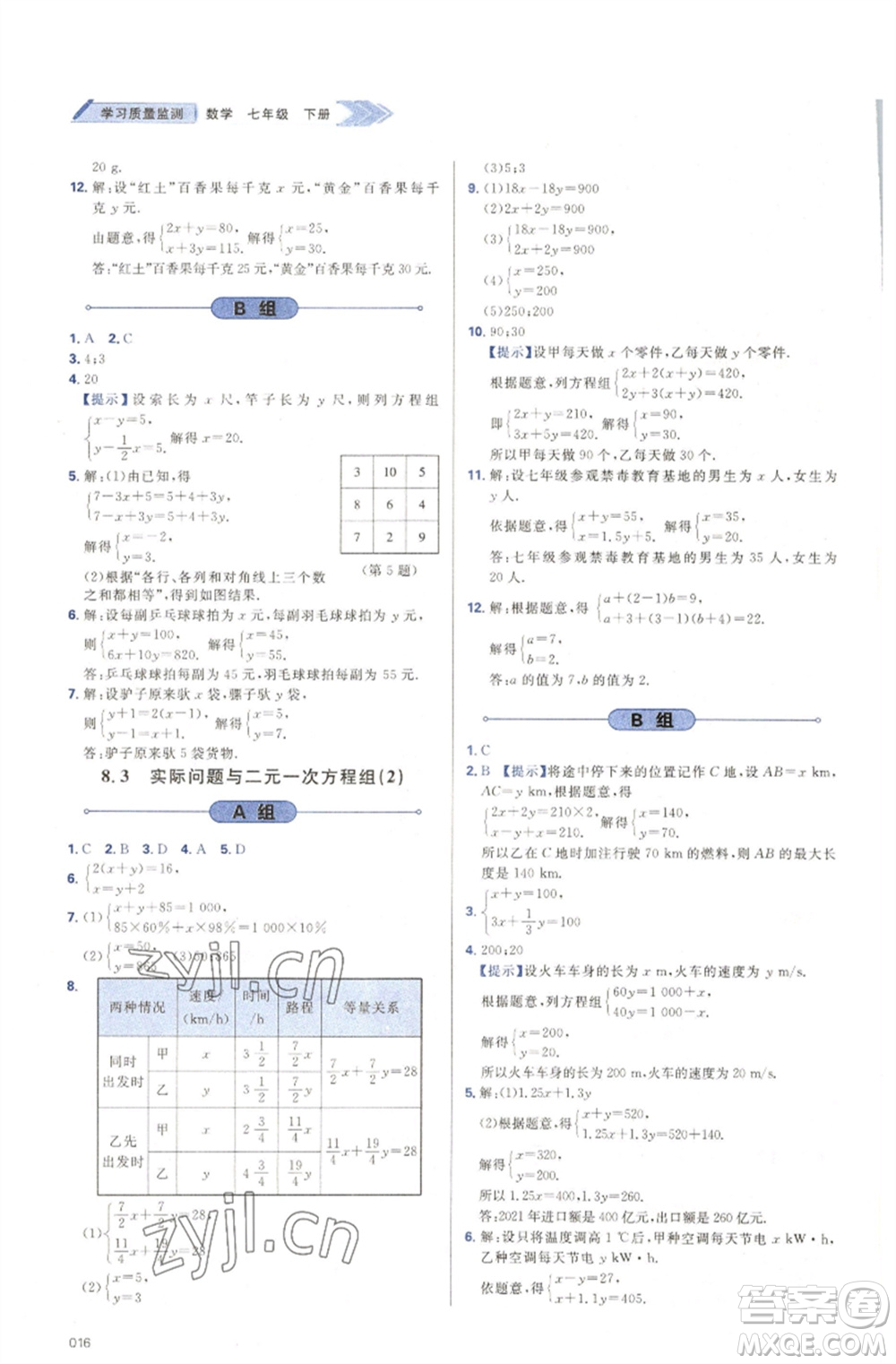 天津教育出版社2023學(xué)習(xí)質(zhì)量監(jiān)測(cè)七年級(jí)數(shù)學(xué)下冊(cè)人教版參考答案