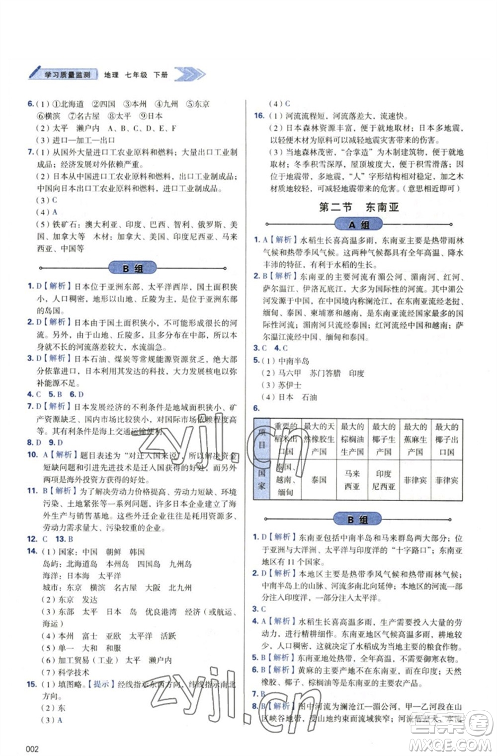 天津教育出版社2023學(xué)習(xí)質(zhì)量監(jiān)測七年級地理下冊人教版參考答案