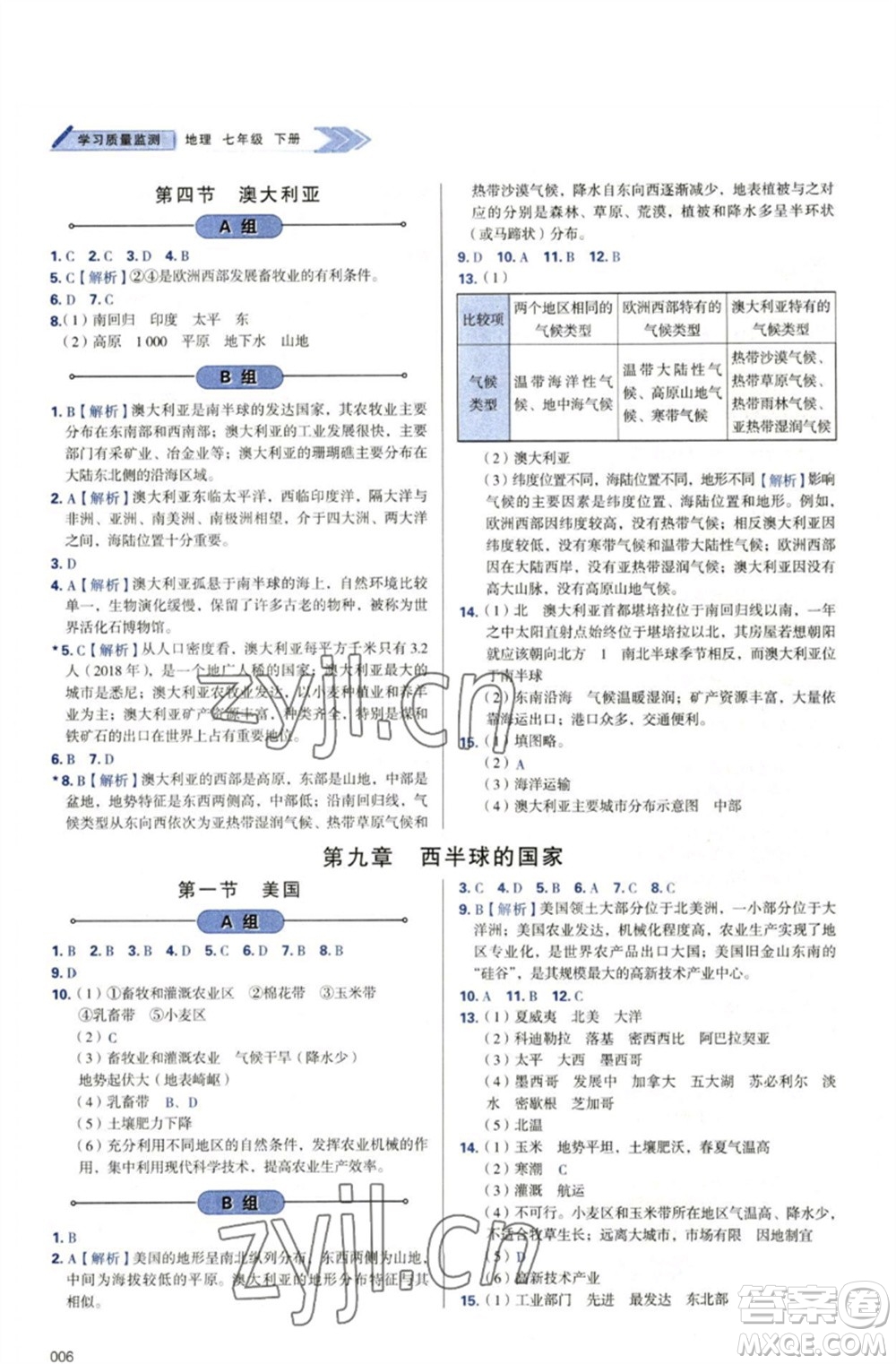 天津教育出版社2023學(xué)習(xí)質(zhì)量監(jiān)測七年級地理下冊人教版參考答案