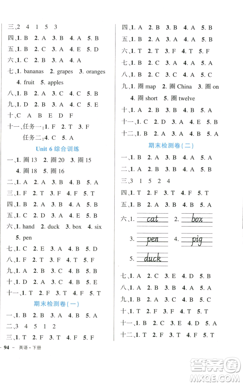 長江出版社2023黃岡狀元成才路狀元作業(yè)本三年級英語下冊人教PEP版參考答案