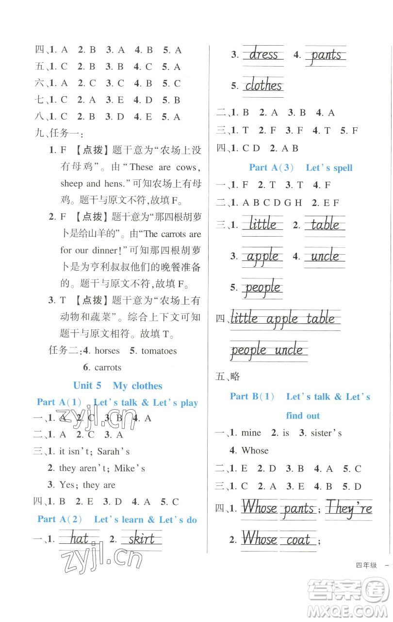 長(zhǎng)江出版社2023黃岡狀元成才路狀元作業(yè)本四年級(jí)英語(yǔ)下冊(cè)人教PEP版參考答案