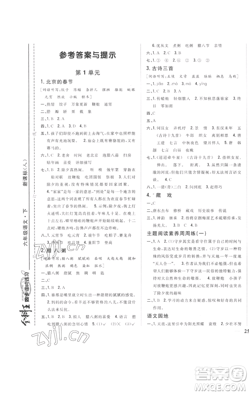 吉林人民出版社2023全科王同步課時練習六年級語文下冊人教版參考答案