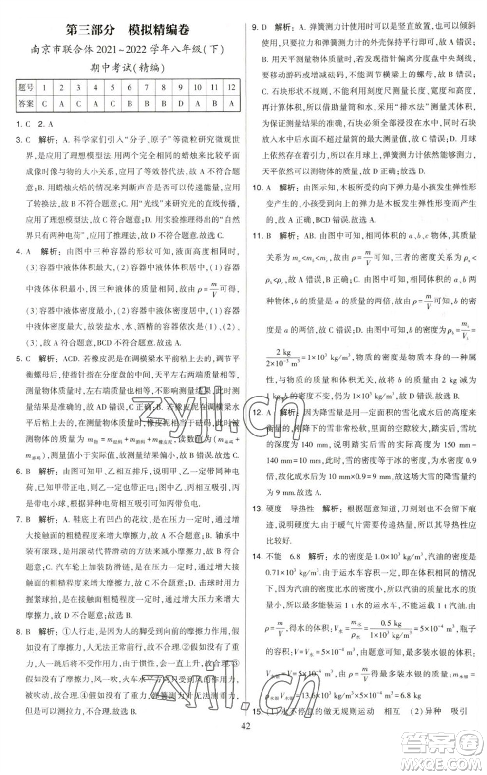 河海大學(xué)出版社2023學(xué)霸提優(yōu)大試卷八年級(jí)物理下冊(cè)蘇科版參考答案