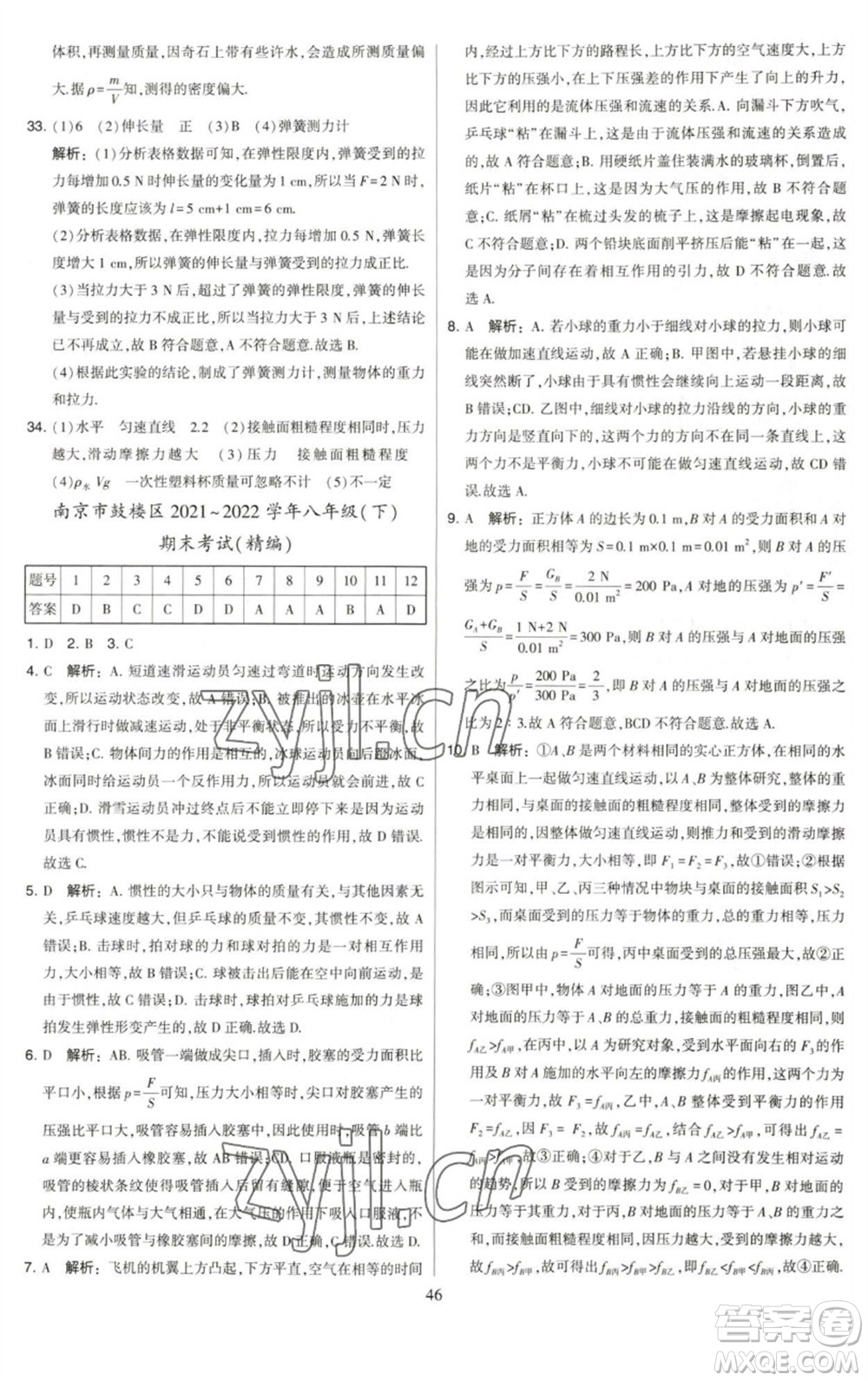 河海大學(xué)出版社2023學(xué)霸提優(yōu)大試卷八年級(jí)物理下冊(cè)蘇科版參考答案