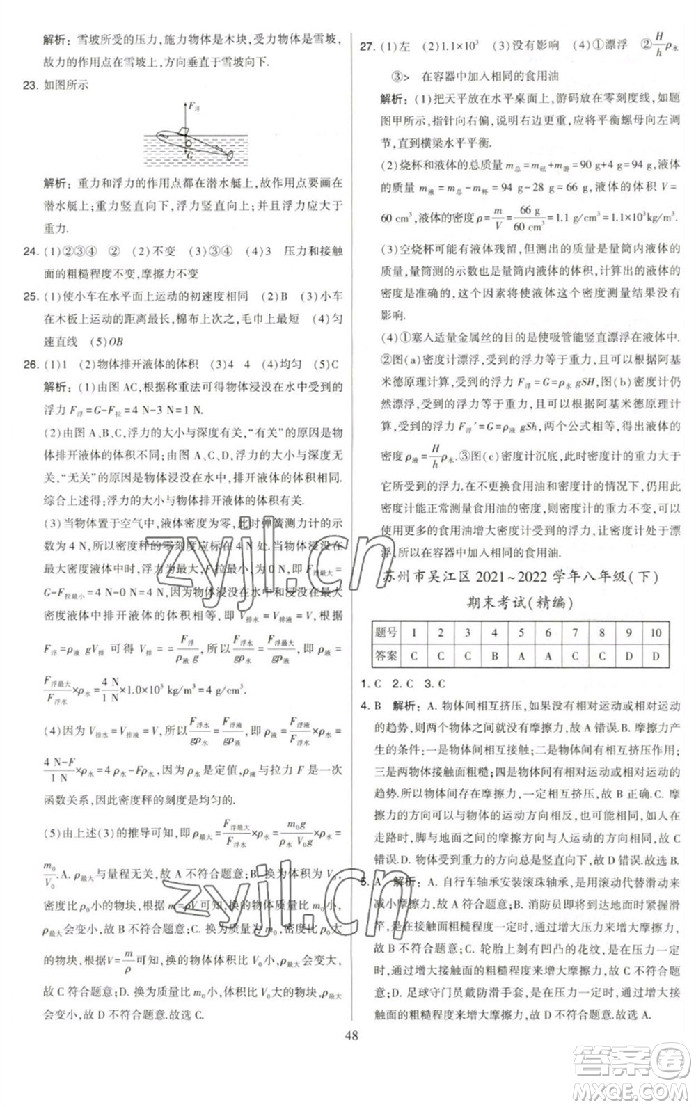 河海大學(xué)出版社2023學(xué)霸提優(yōu)大試卷八年級(jí)物理下冊(cè)蘇科版參考答案