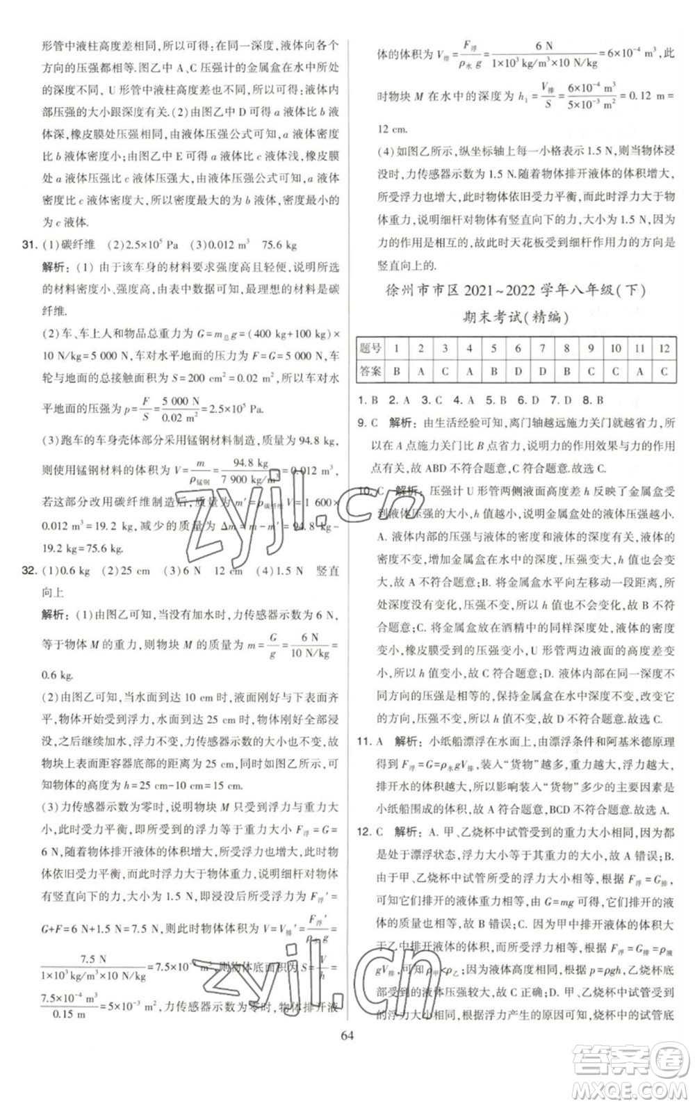 河海大學(xué)出版社2023學(xué)霸提優(yōu)大試卷八年級(jí)物理下冊(cè)蘇科版參考答案