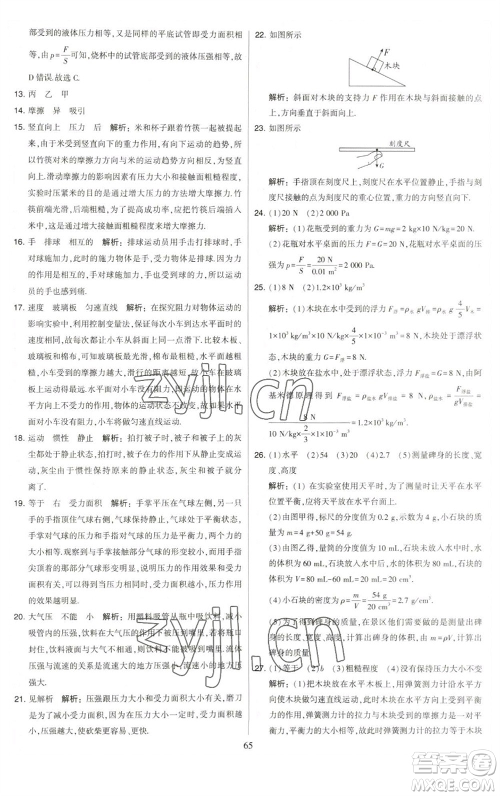 河海大學(xué)出版社2023學(xué)霸提優(yōu)大試卷八年級(jí)物理下冊(cè)蘇科版參考答案