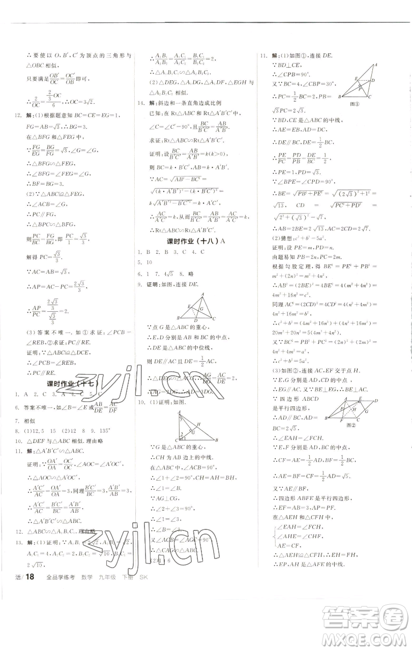 浙江教育出版社2023全品學(xué)練考九年級(jí)數(shù)學(xué)下冊(cè)蘇科版徐州專(zhuān)版參考答案