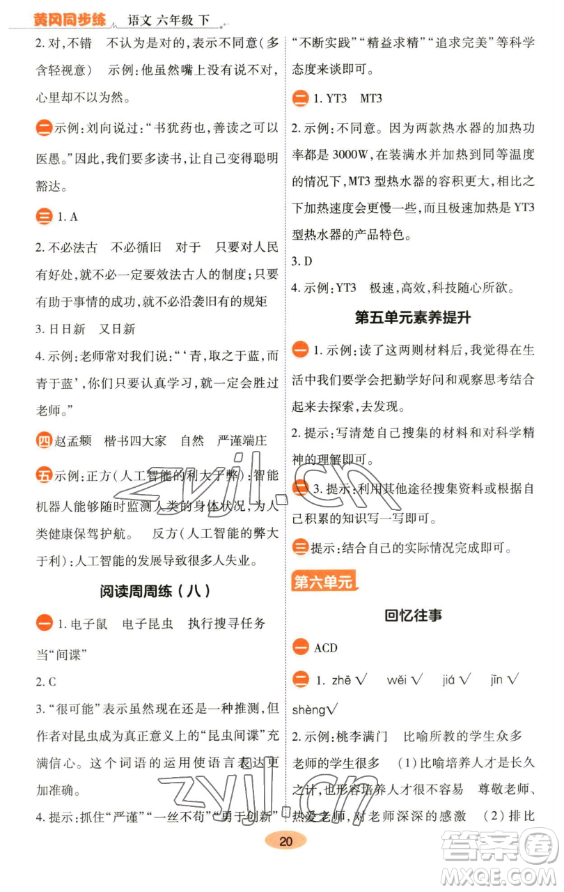 陜西師范大學(xué)出版總社有限公司2023黃岡同步練六年級(jí)語(yǔ)文下冊(cè)人教版參考答案